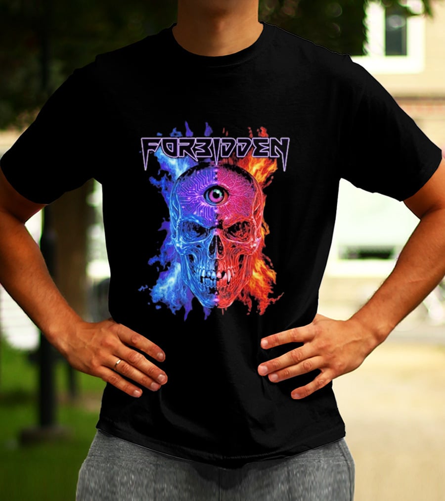 FORBIDDEN Skull Eye Flames Blue Red Fusion T-Shirt