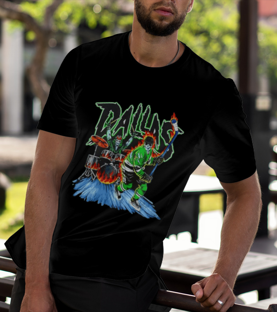 Dallas Stars Skeleton Hockey Fire With Drummer T-Shirt
