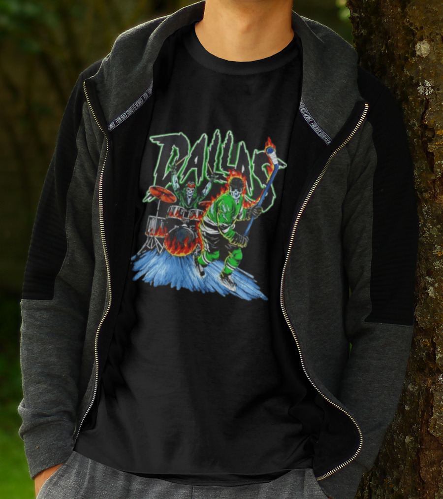 Dallas Stars Skeleton Hockey Fire With Drummer T-Shirt