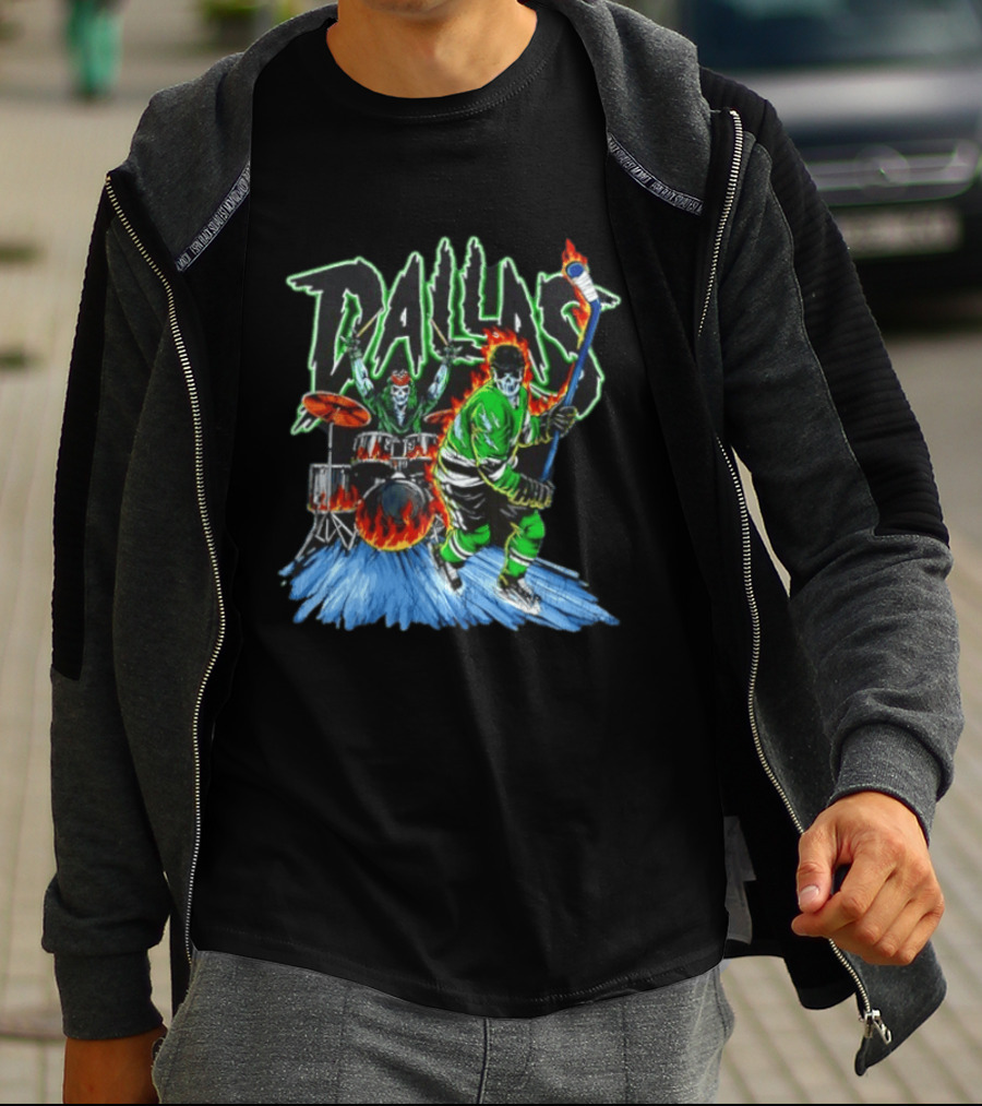 Dallas Stars Skeleton Hockey Fire With Drummer T-Shirt