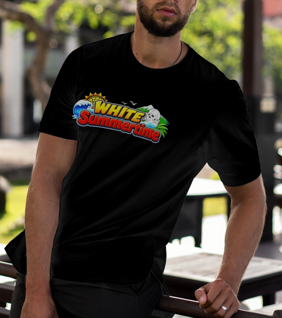 White Summertime Skull Ocean Beach Sun Palm Birds T-Shirt