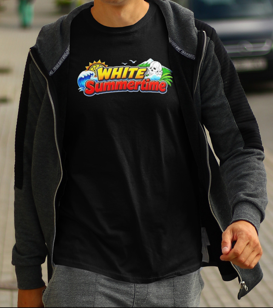 White Summertime Skull Ocean Beach Sun Palm Birds T-Shirt