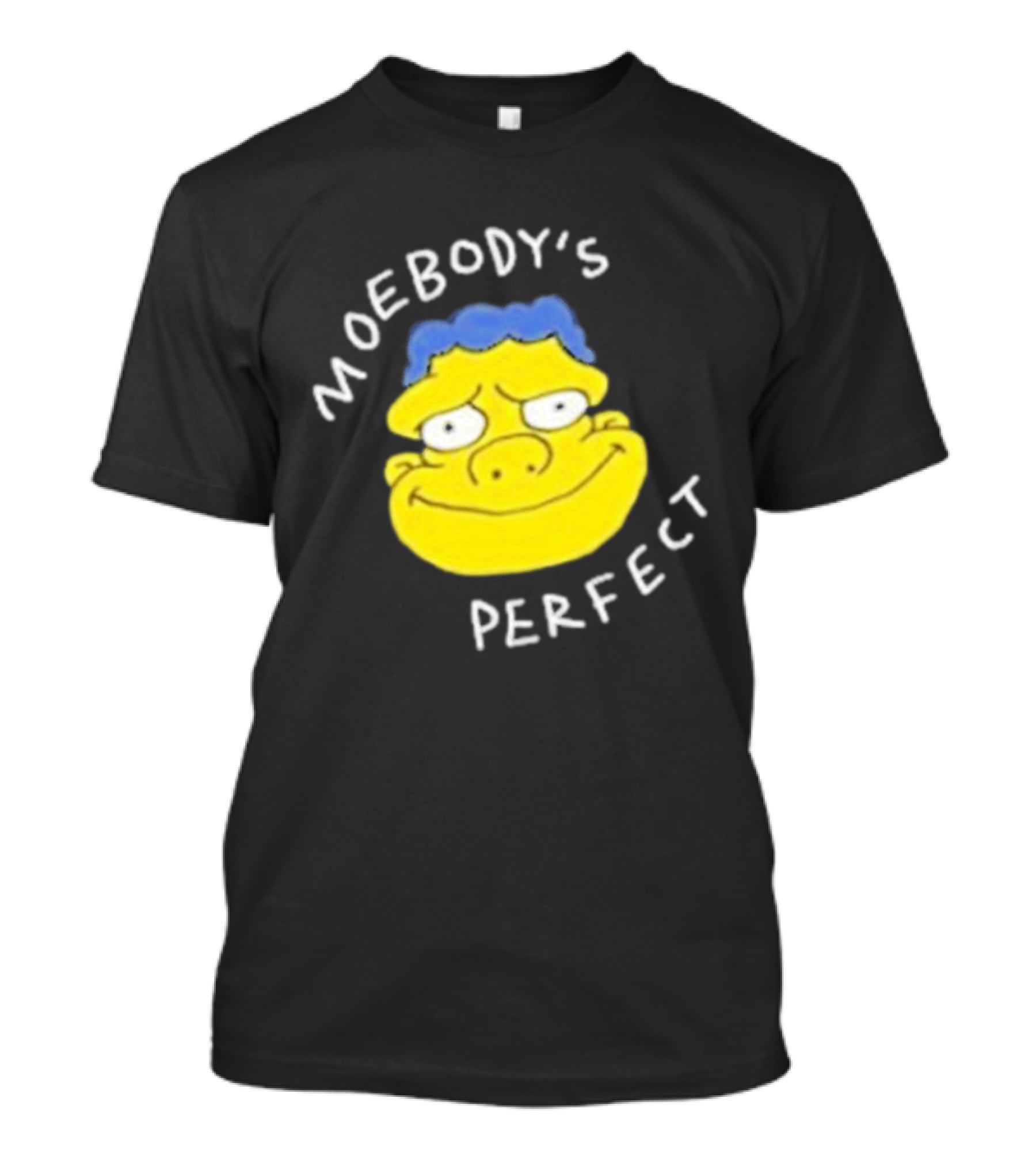 Moebody's Perfect Yellow Cartoon Face With Blue Hair Smirk T-Shirt