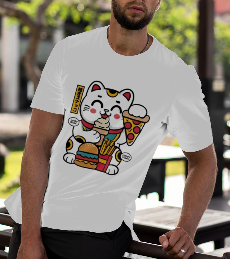 Lucky Bites Happy Vibes Maneki Neko Cat Ice Cream Pizza Burger Fries T-Shirt