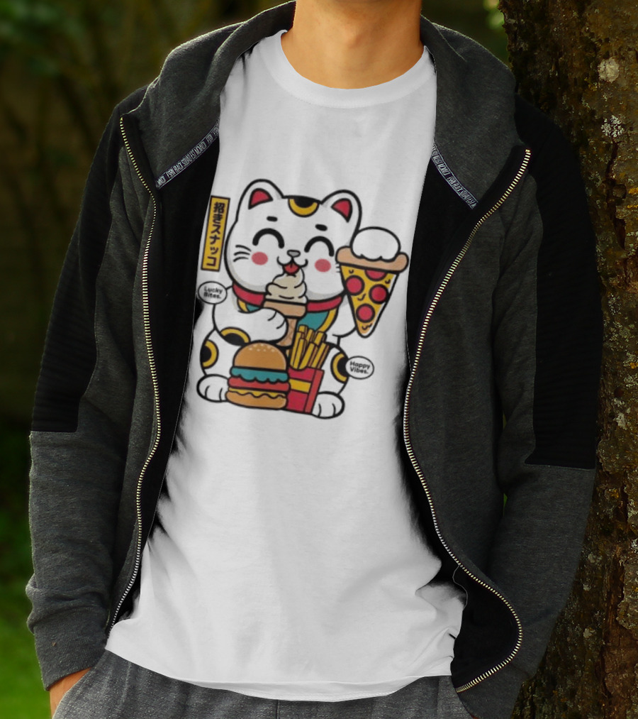 Lucky Bites Happy Vibes Maneki Neko Cat Ice Cream Pizza Burger Fries T-Shirt