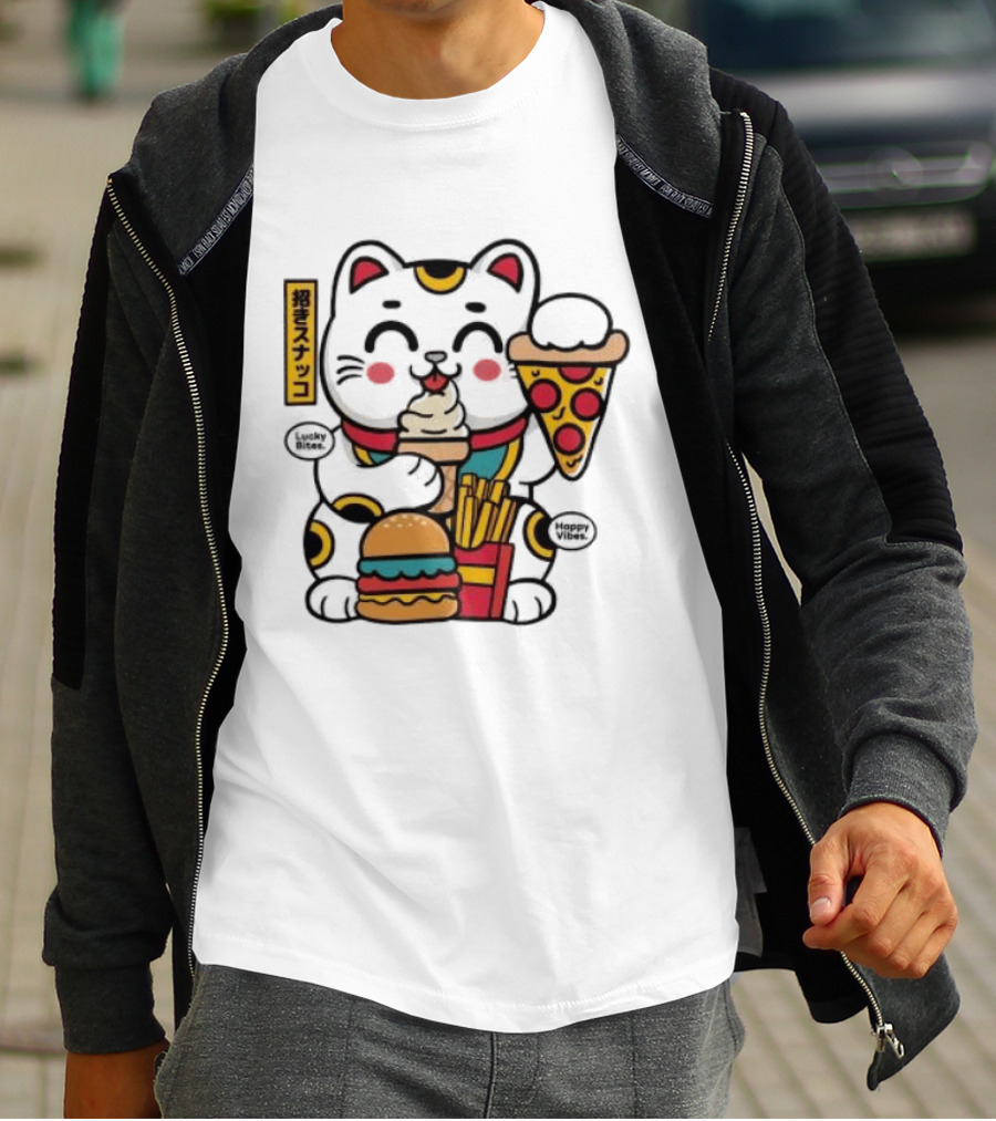 Lucky Bites Happy Vibes Maneki Neko Cat Ice Cream Pizza Burger Fries T-Shirt