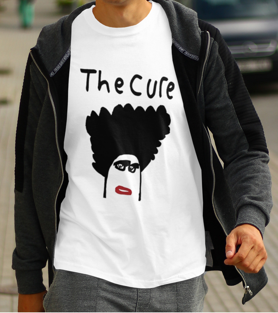The Cure Hand Drawn Robert Smith Bold Hair Red Lips Black Glasses T-Shirt