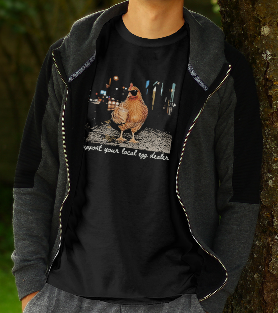 Chicken Drinking Iced Coffee Support Your Local Egg Dealer T-Shirt