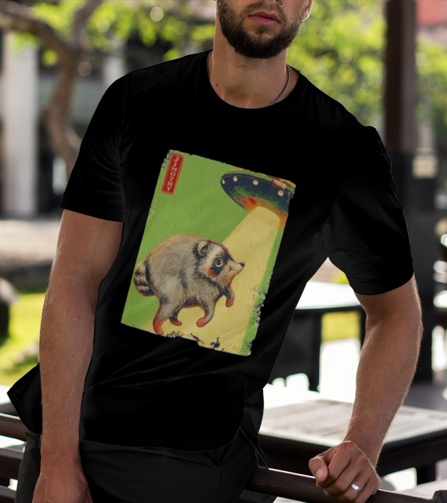 Jimothy Raccoon Abducted By UFO Alien Beam On Green T-Shirt