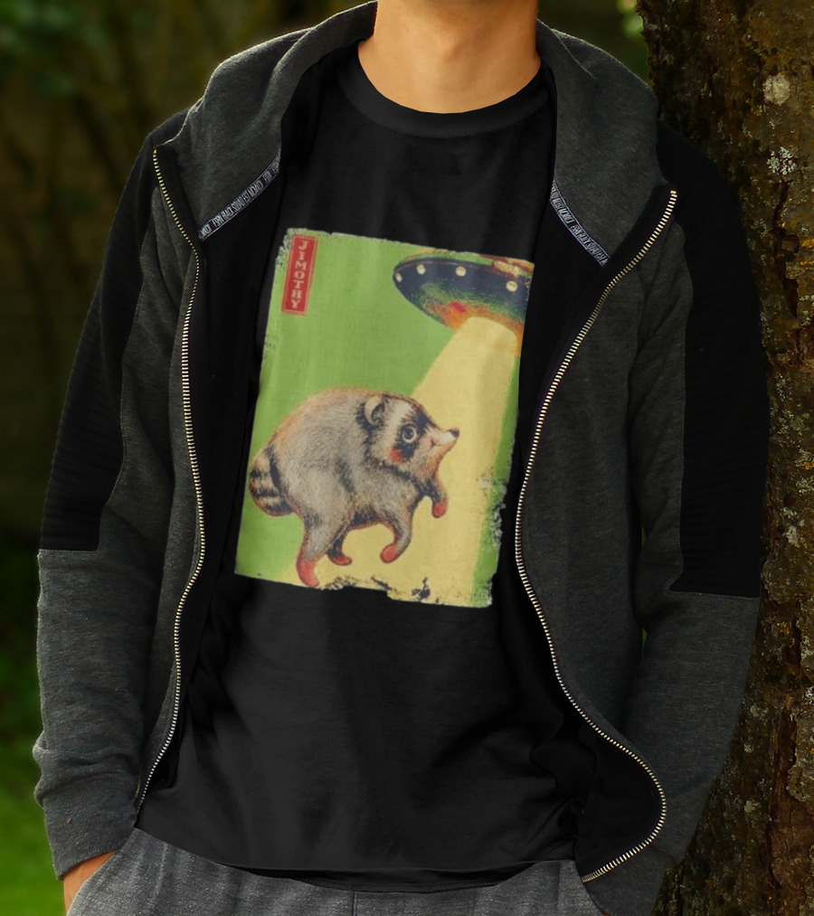 Jimothy Raccoon Abducted By UFO Alien Beam On Green T-Shirt