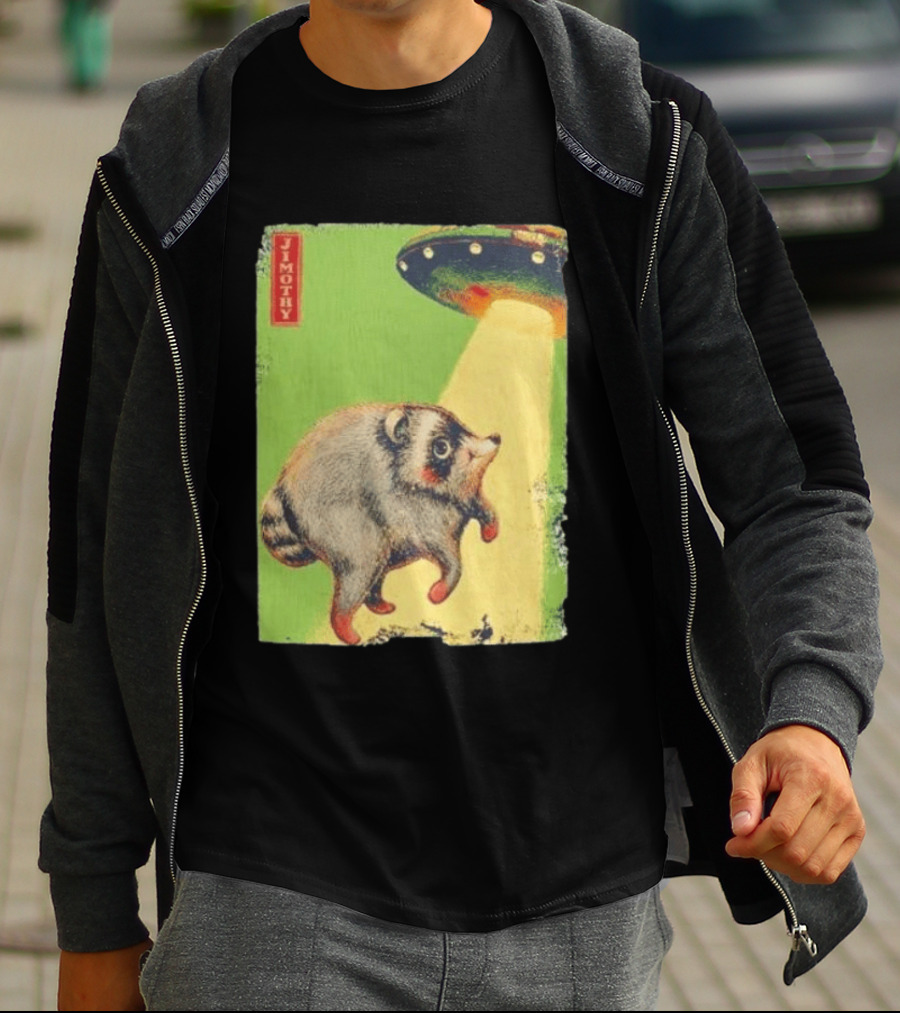 Jimothy Raccoon Abducted By UFO Alien Beam On Green T-Shirt