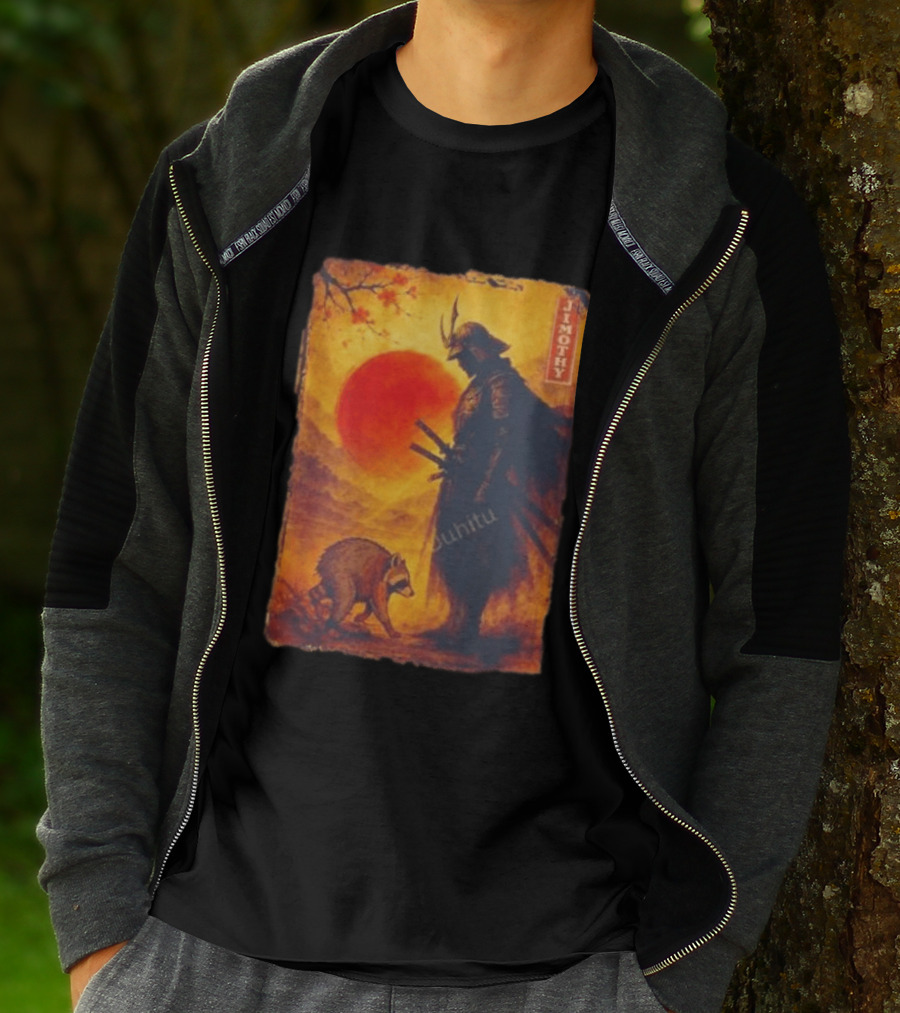 Jimothy Samurai Warrior And Raccoon Japanese Sunset T-Shirt