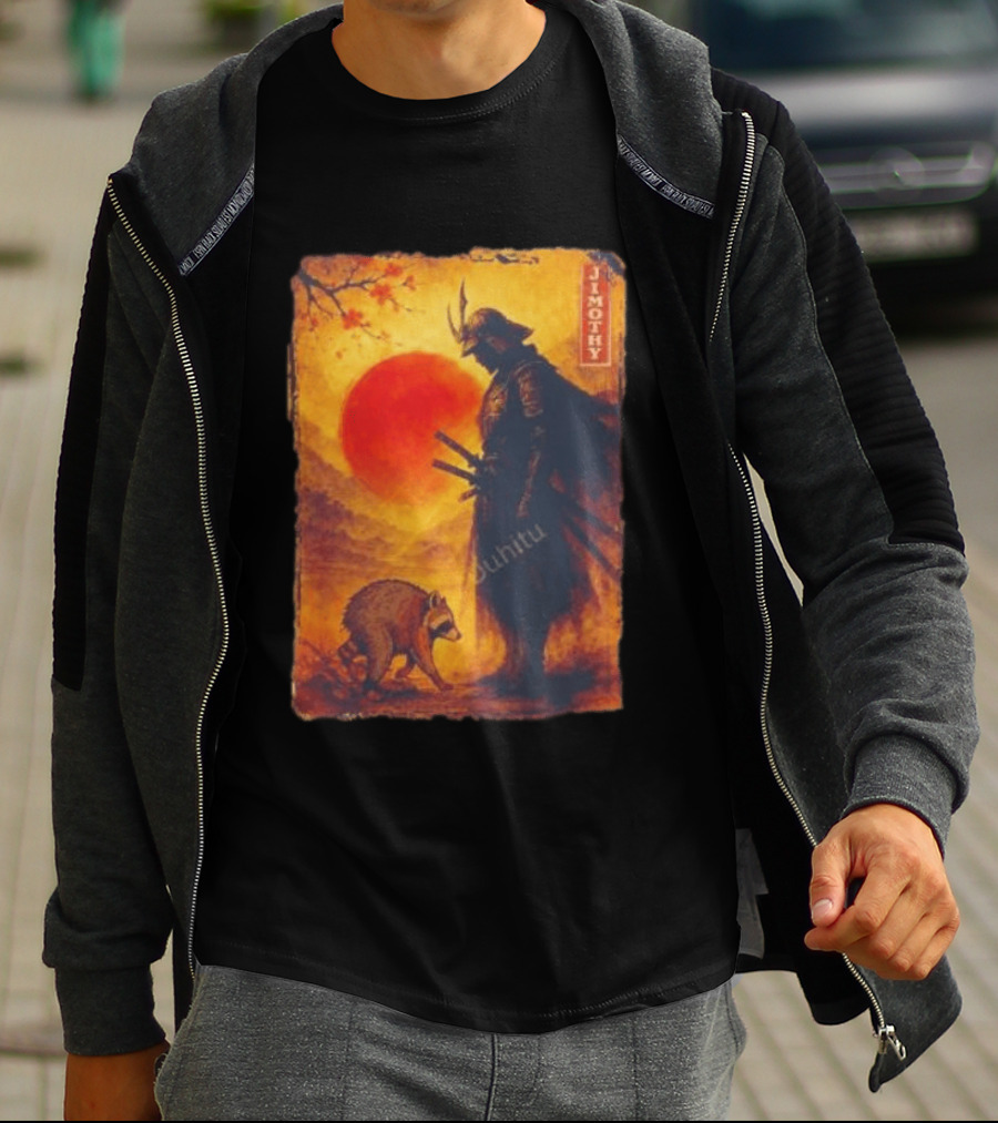 Jimothy Samurai Warrior And Raccoon Japanese Sunset T-Shirt