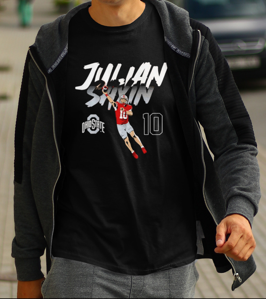 Julian Sayin Ohio State Buckeyes Number 10 Football Player Action Pose T-Shirt