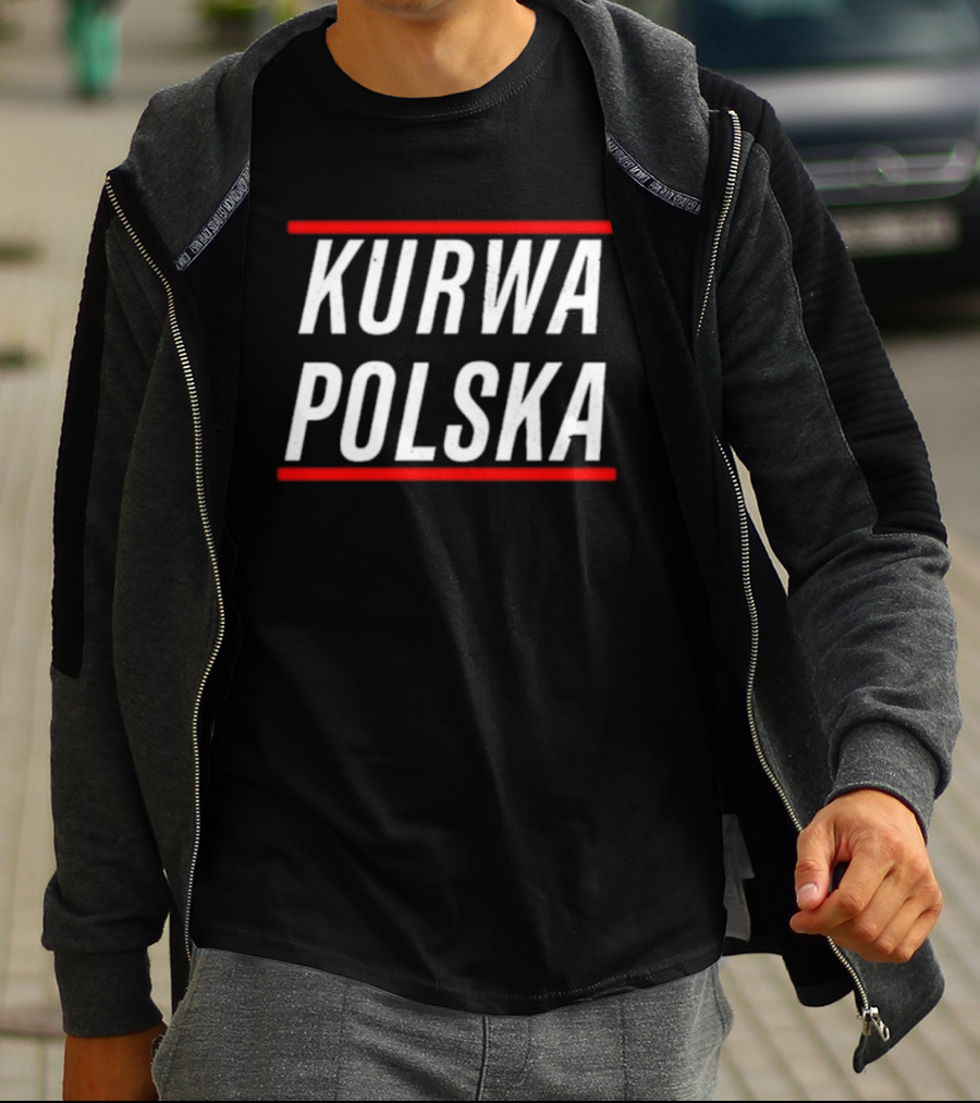 Kurwa Polska Bold White Text Design Red Lines T-Shirt