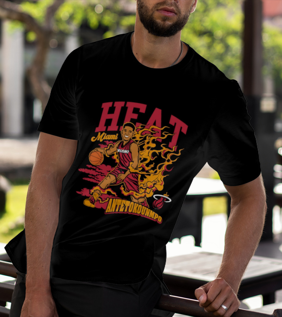 Miami Heat Giannis Antetokounmpo Basketball Caricature With Flames T-Shirt