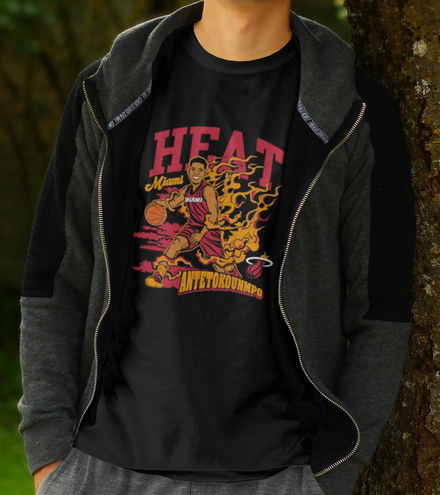 Miami Heat Giannis Antetokounmpo Basketball Caricature With Flames T-Shirt