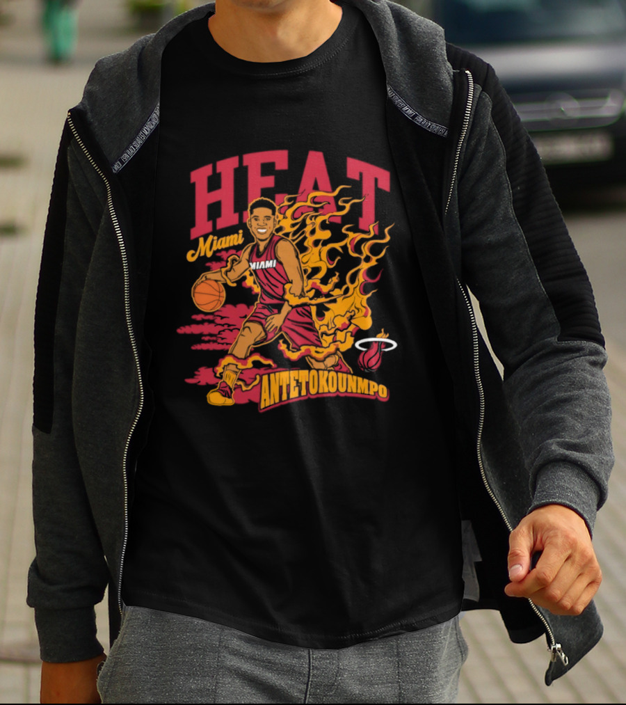 Miami Heat Giannis Antetokounmpo Basketball Caricature With Flames T-Shirt