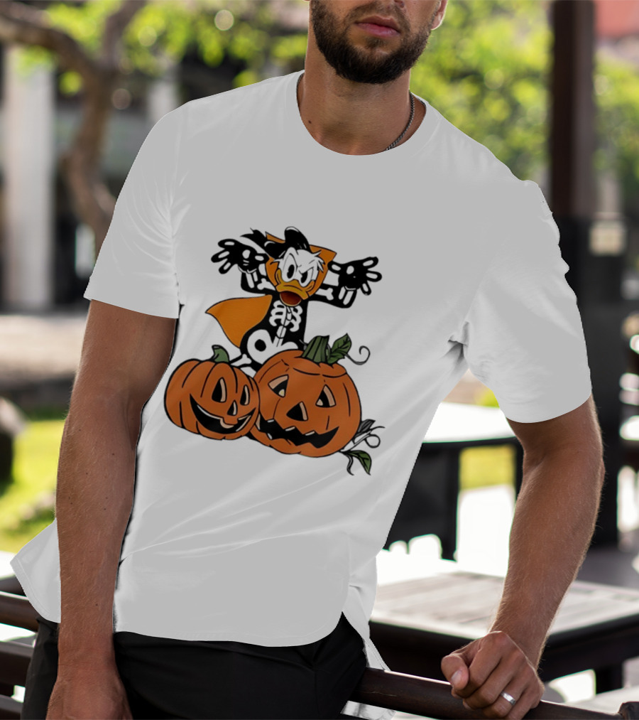 Donald Duck Skeleton Costume With Pumpkins Disney Halloween T-Shirt
