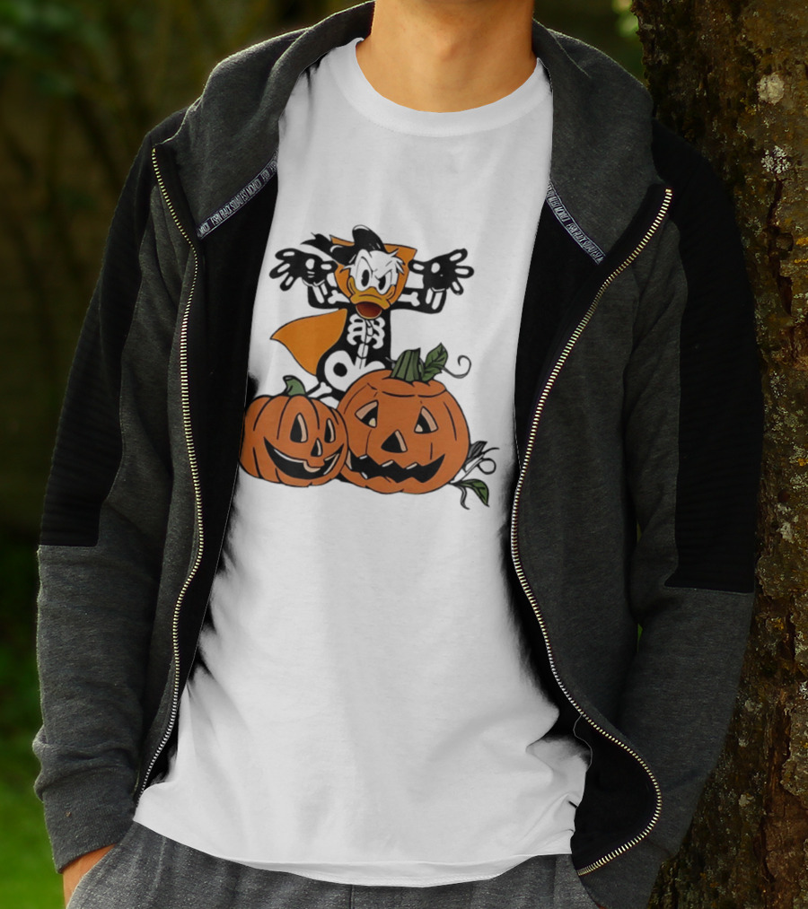 Donald Duck Skeleton Costume With Pumpkins Disney Halloween T-Shirt