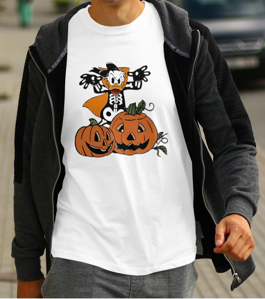 Donald Duck Skeleton Costume With Pumpkins Disney Halloween T-Shirt