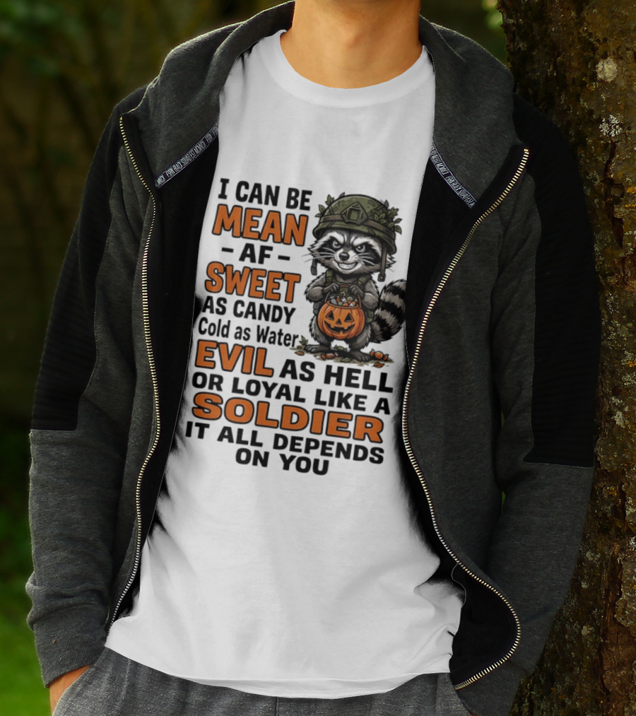 Raccoon I Can Be Mean AF Sweet As Candy Cold As Water Evil As Hell Or Loyal Like A Soldier It All Depends On You T-Shirt