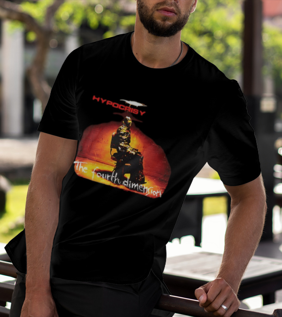 Hypocrisy The Fourth Dimension Red Text And Seated Figure T-Shirt