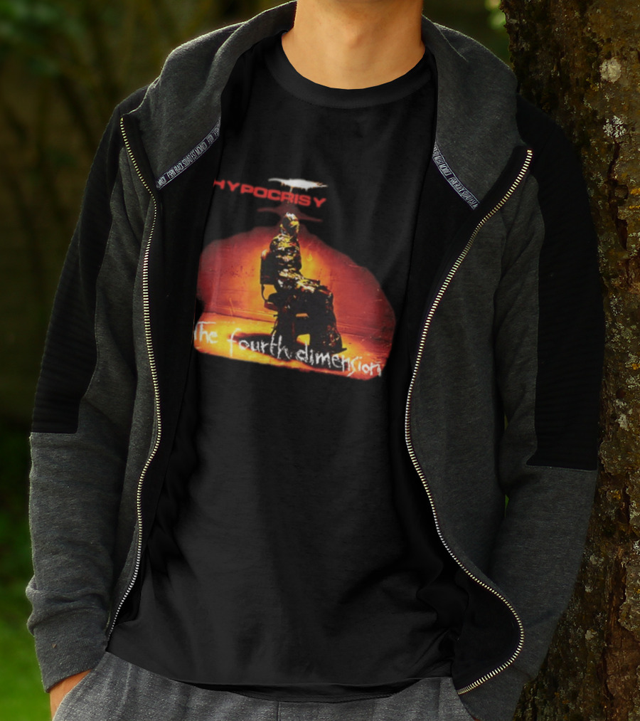 Hypocrisy The Fourth Dimension Red Text And Seated Figure T-Shirt