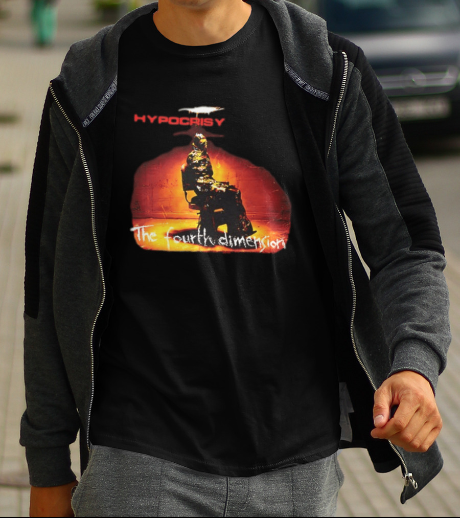 Hypocrisy The Fourth Dimension Red Text And Seated Figure T-Shirt