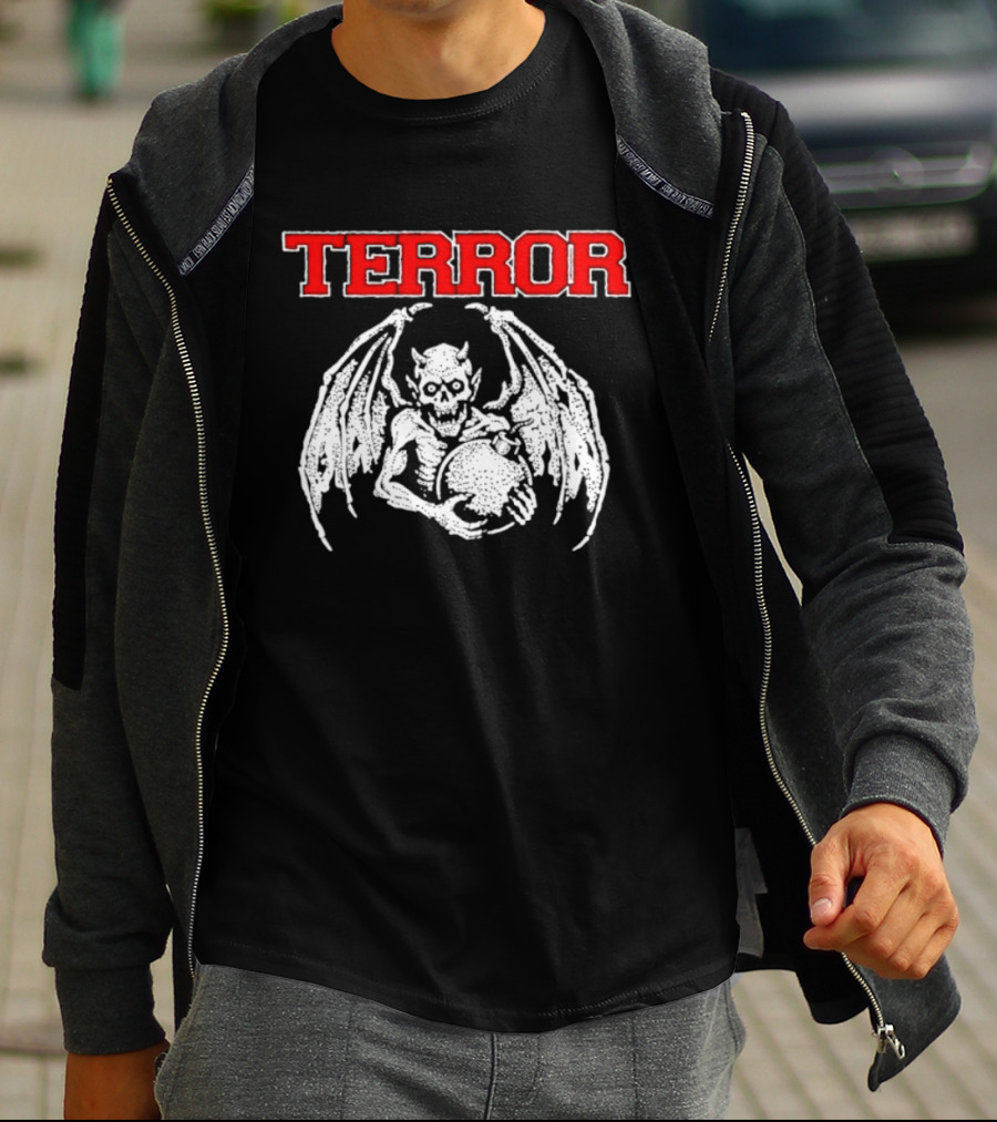 Terror Red Lettering Demon With Wings Holding Bomb T-Shirt