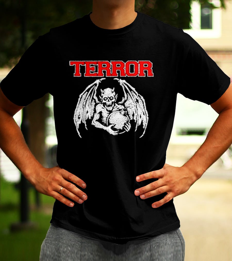 Terror Red Lettering Demon With Wings Holding Bomb T-Shirt