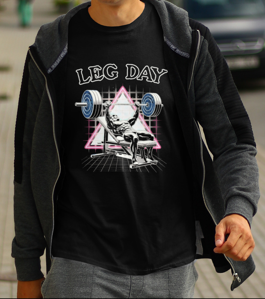 Leg Day Skeleton Weightlifting Gym Bodybuilding 80s Aesthetic Neon Triangle T-Shirt