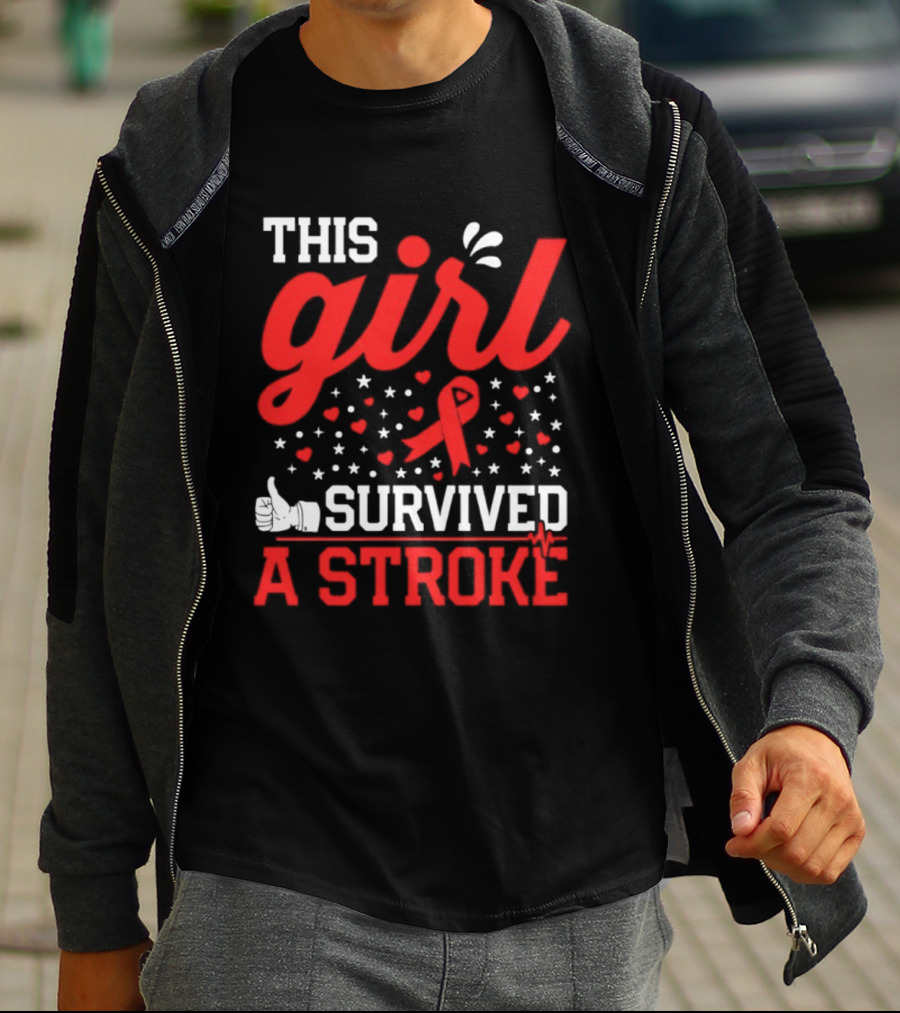 This Girl Survived A Stroke Red Ribbon Heart Stars And Thumbs Up T-Shirt