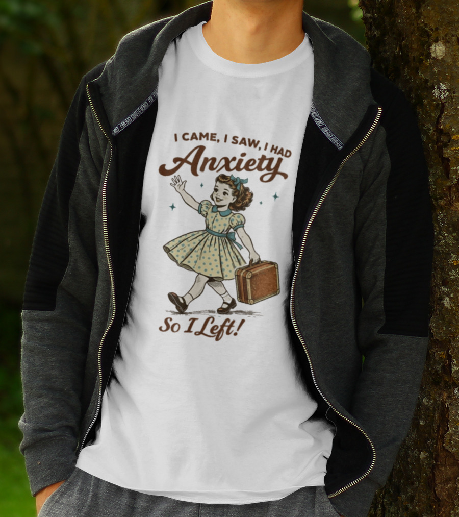 I Came I Saw I Had Anxiety So I Left Vintage Style Retro Girl Carrying Suitcase T-Shirt