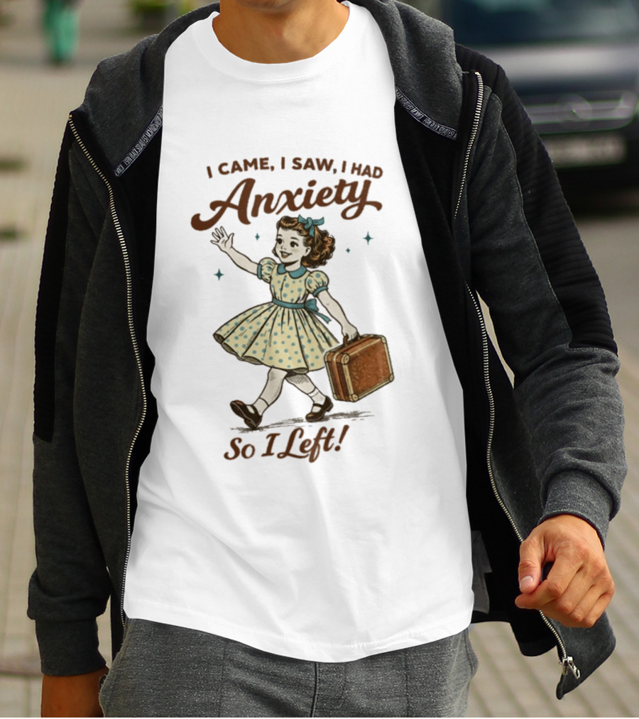 I Came I Saw I Had Anxiety So I Left Vintage Style Retro Girl Carrying Suitcase T-Shirt