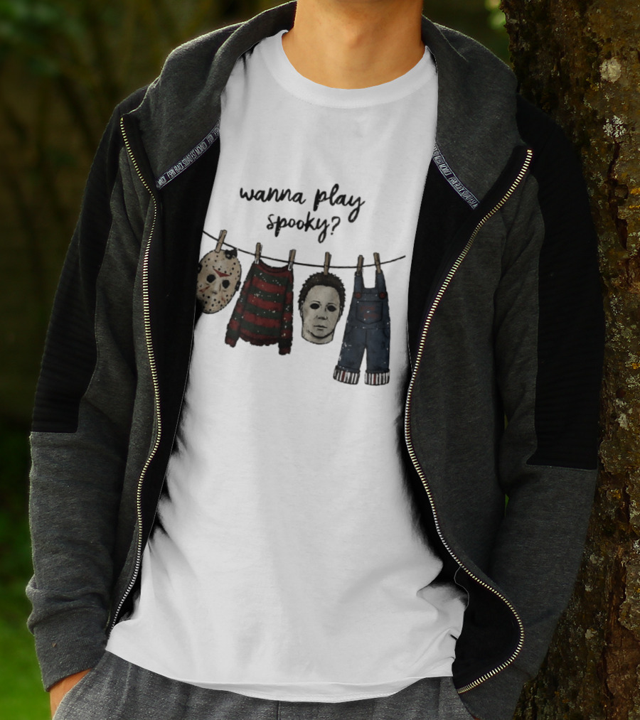 Wanna Play Spooky Halloween Horror Mask And Costume References T-Shirt