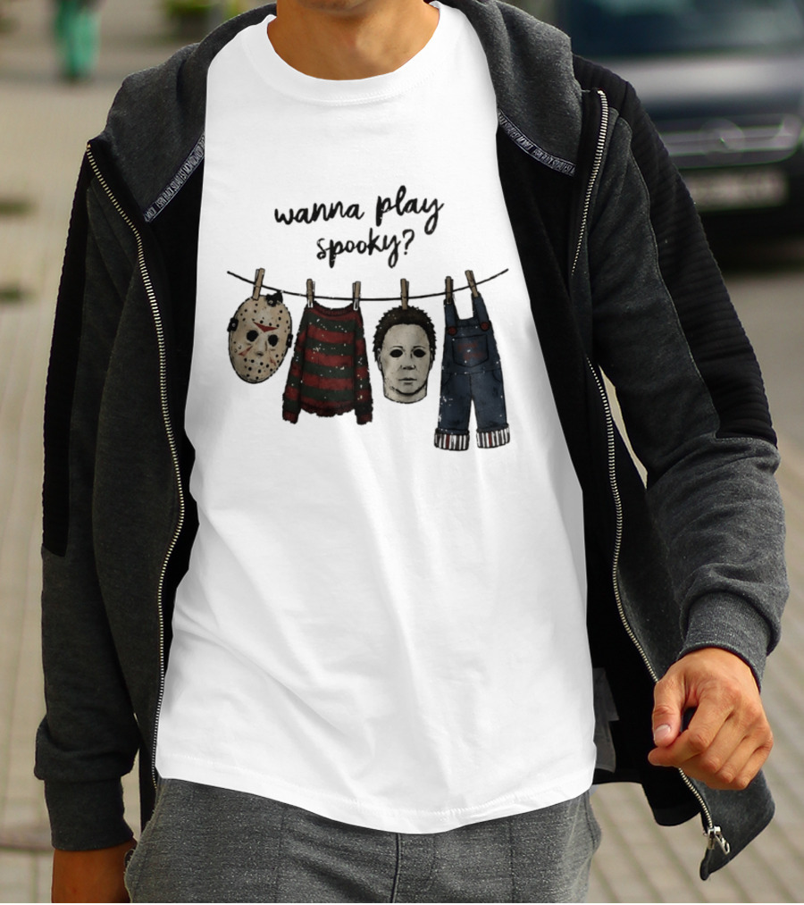 Wanna Play Spooky Halloween Horror Mask And Costume References T-Shirt