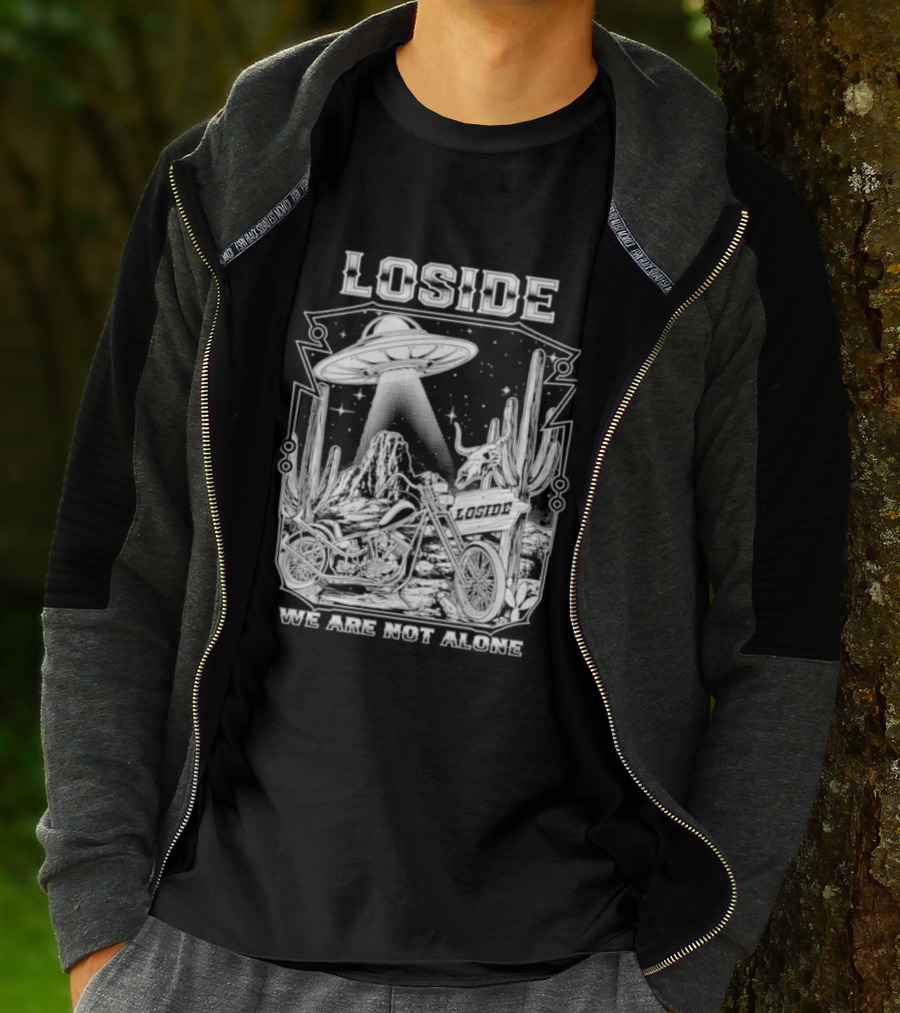 Loside We Are Not Alone UFO Motorcycle Desert Scene Cactus Stars T-Shirt