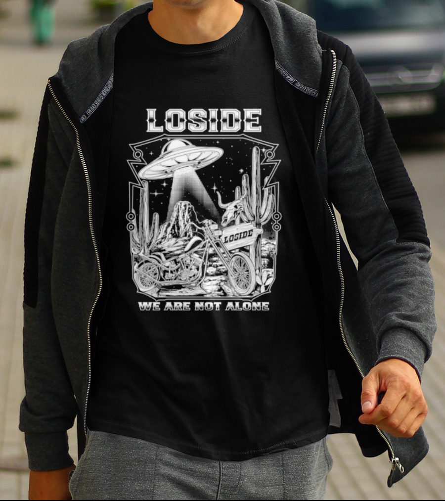 Loside We Are Not Alone UFO Motorcycle Desert Scene Cactus Stars T-Shirt