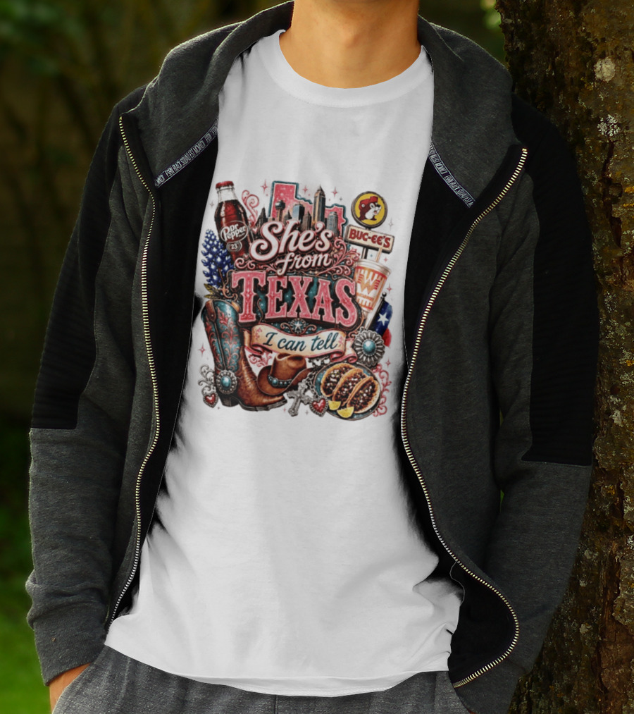 She's From Texas I Can Tell Dr Pepper Buc Ee's Whataburger Cowboys And Tacos T-Shirt