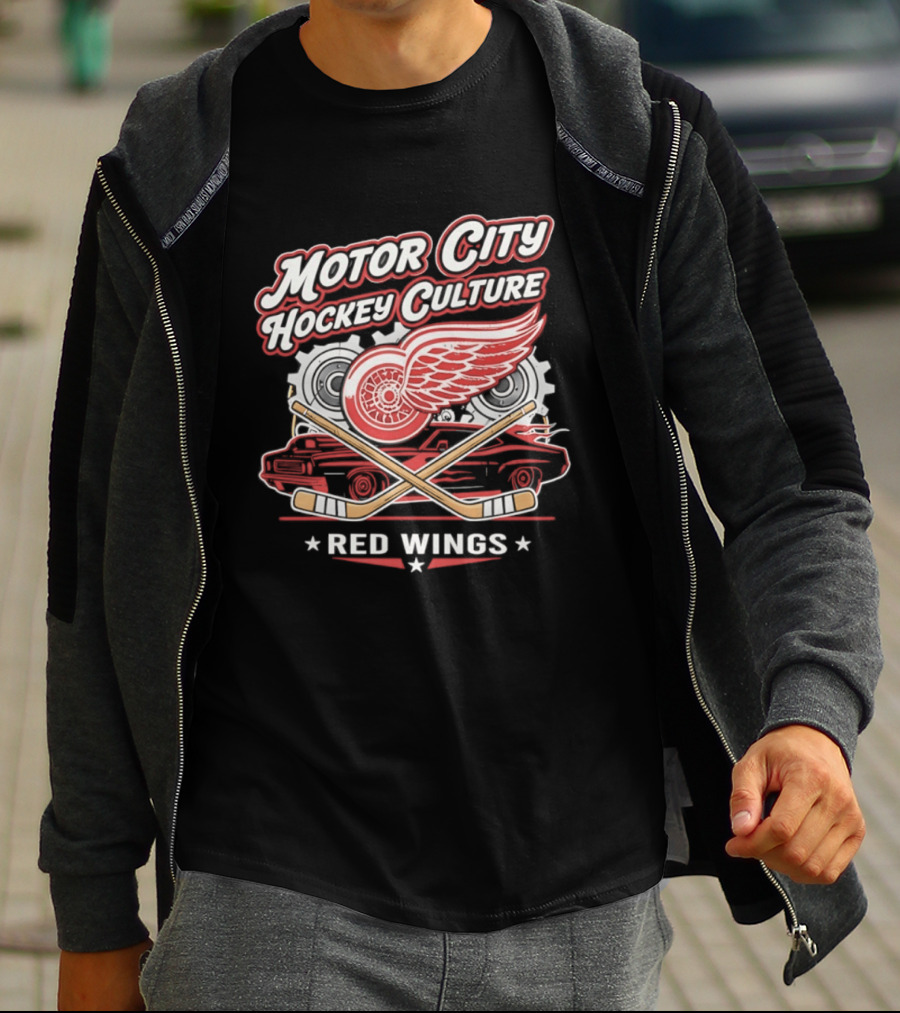 Motor City Hockey Culture Red Wings NHL Classic Logo And Car T-Shirt
