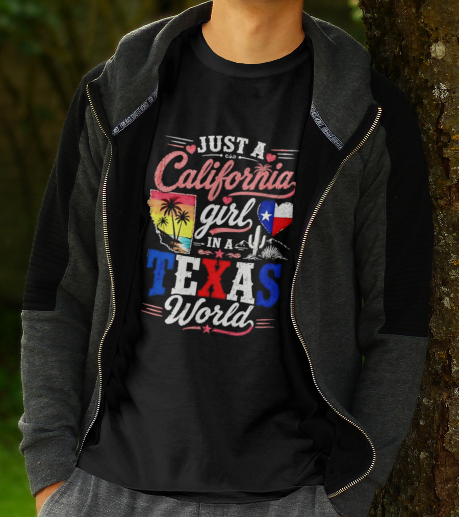 Just A California Girl In A Texas World With State Icons And Heart T-Shirt
