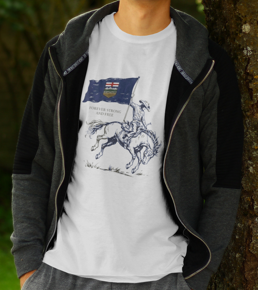 Alberta Flag Forever Strong And Free Bronco Rider Cowboy T-Shirt