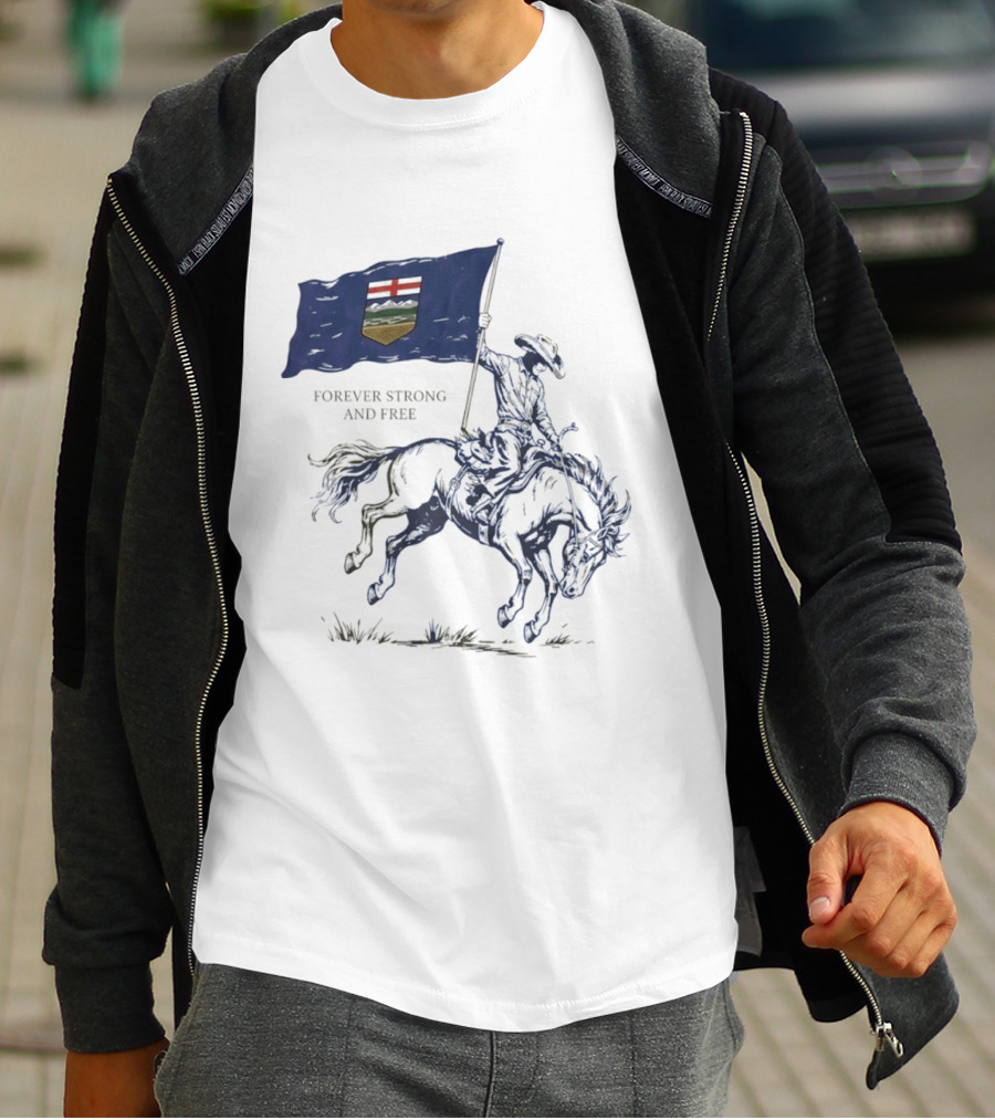 Alberta Flag Forever Strong And Free Bronco Rider Cowboy T-Shirt