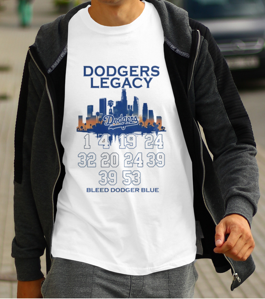 Dodgers Legacy 1 4 19 24 32 20 24 39 39 53 Bleed Dodger Blue Skyline Dodgers T-Shirt