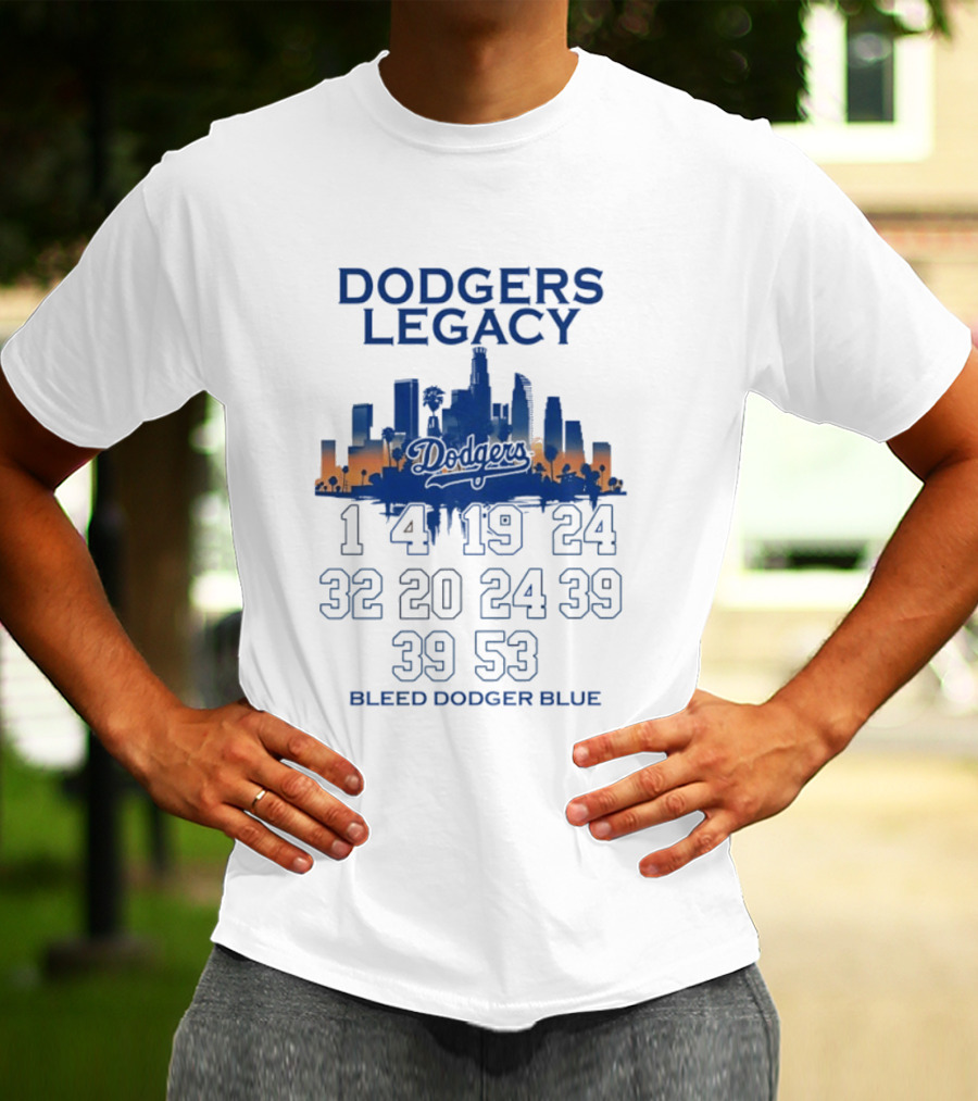 Dodgers Legacy 1 4 19 24 32 20 24 39 39 53 Bleed Dodger Blue Skyline Dodgers T-Shirt