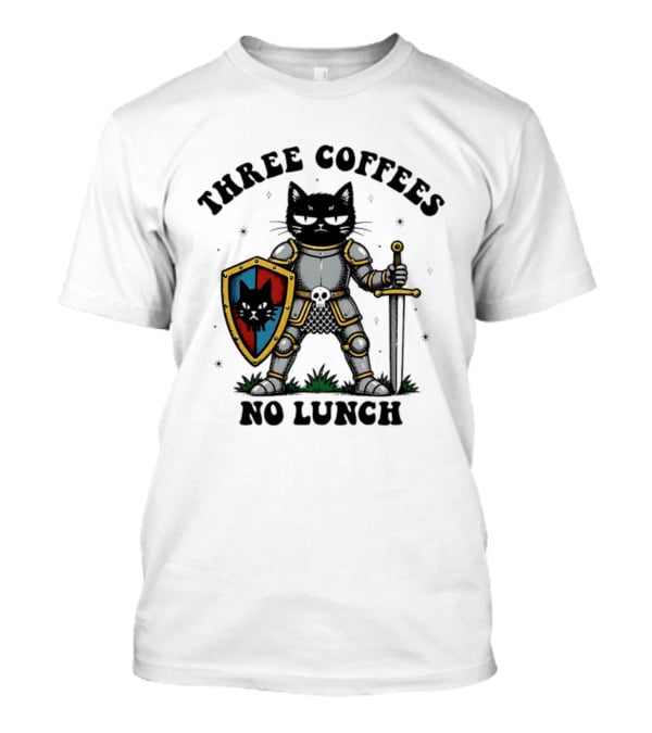 Three Coffees No Lunch Black Cat Armored Knight Shield T-Shirt