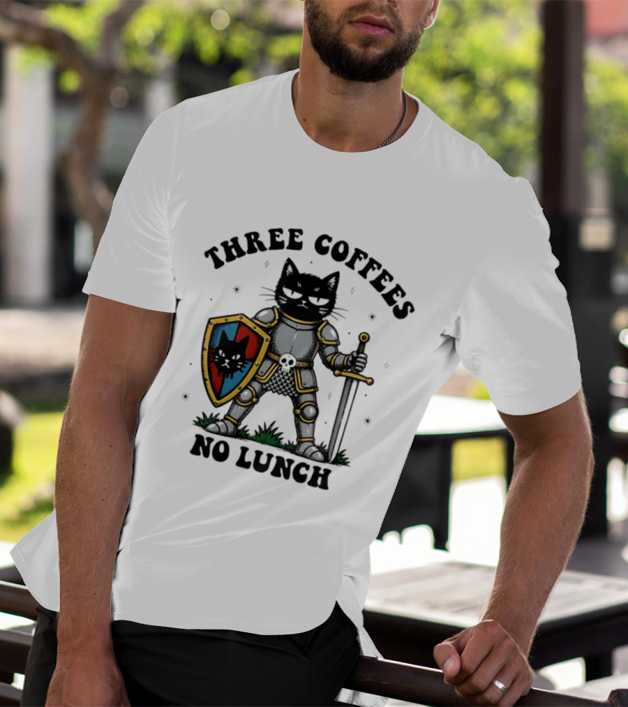 Three Coffees No Lunch Black Cat Armored Knight Shield T-Shirt