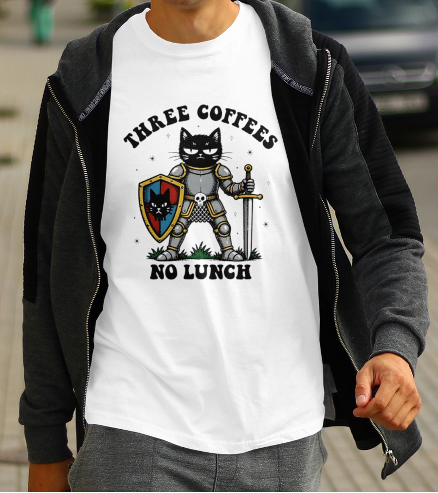 Three Coffees No Lunch Black Cat Armored Knight Shield T-Shirt