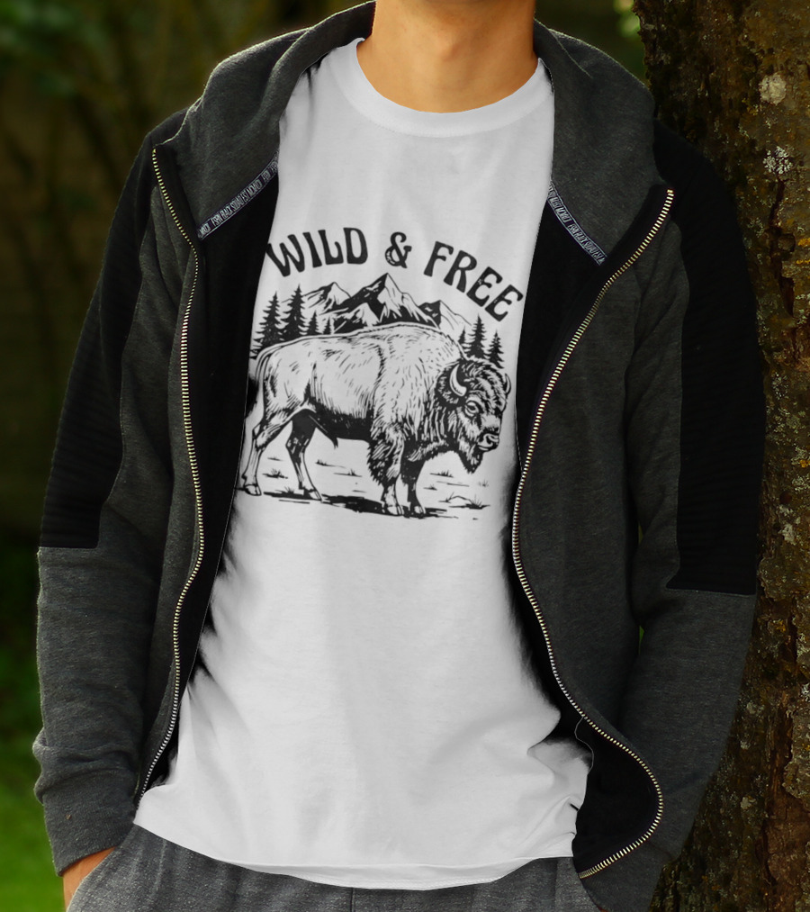 Wild And Free Bison With Mountain And Forest Scene T-Shirt